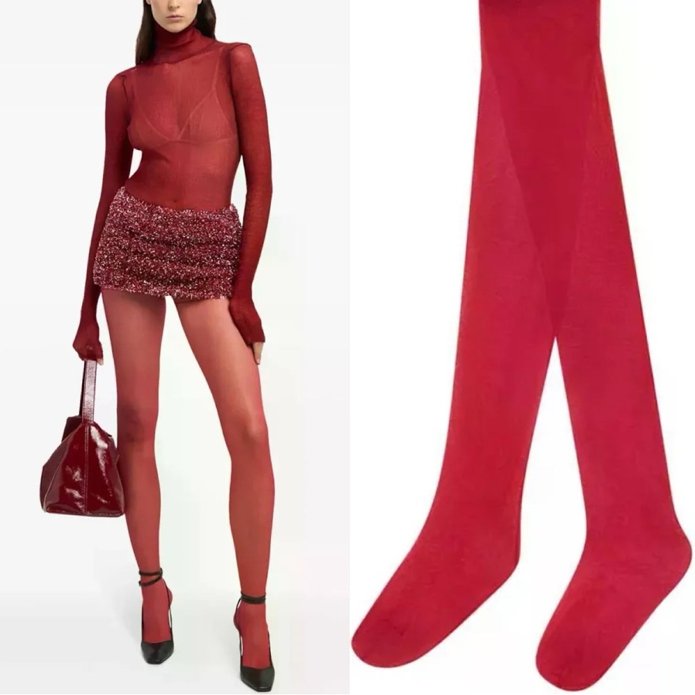 GCDS Semi Sheer Logo Red Tights